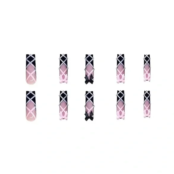 Elegant Pink & Black handmade acrylic Nail Art ballet long length reusable NWT - Picture 4 of 9